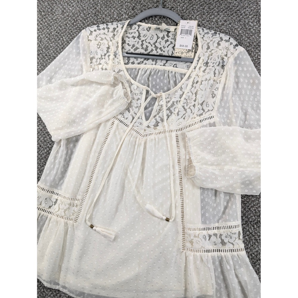 Black Rainn Antique Ivory Lace Swiss Dot Tassel Boho Blouse Large NWT